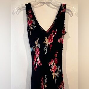 Floral Midi Dress - Black with Red and Pink Accents